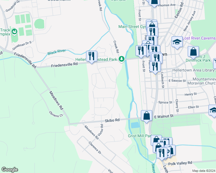map of restaurants, bars, coffee shops, grocery stores, and more near 1901 Delancey Street in Hellertown