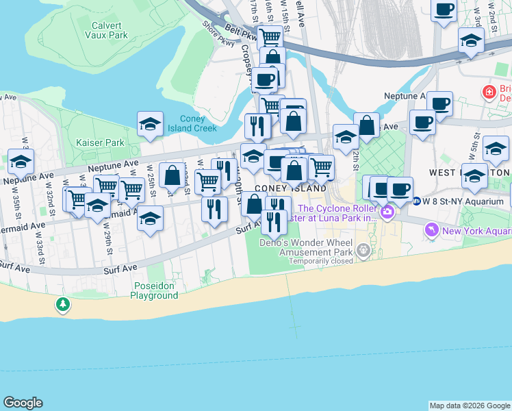 map of restaurants, bars, coffee shops, grocery stores, and more near 2926 West 19th Street in Brooklyn