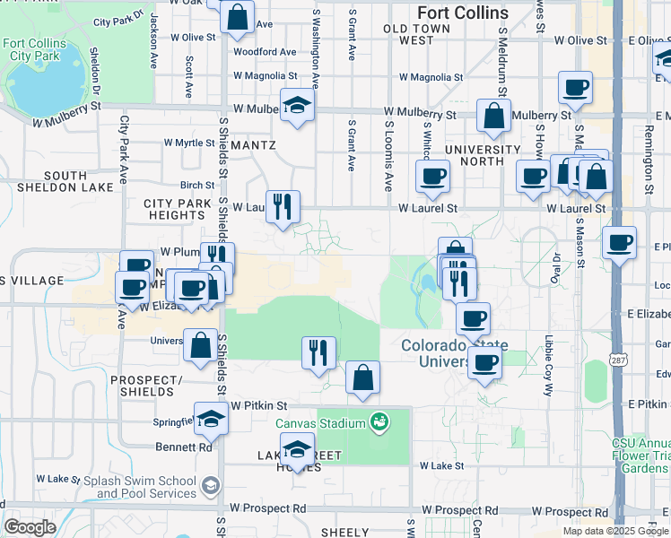 map of restaurants, bars, coffee shops, grocery stores, and more near 825 West Plum Street in Fort Collins