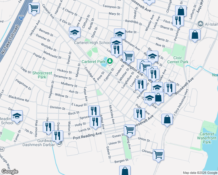 map of restaurants, bars, coffee shops, grocery stores, and more near 34 Cypress Street in Carteret