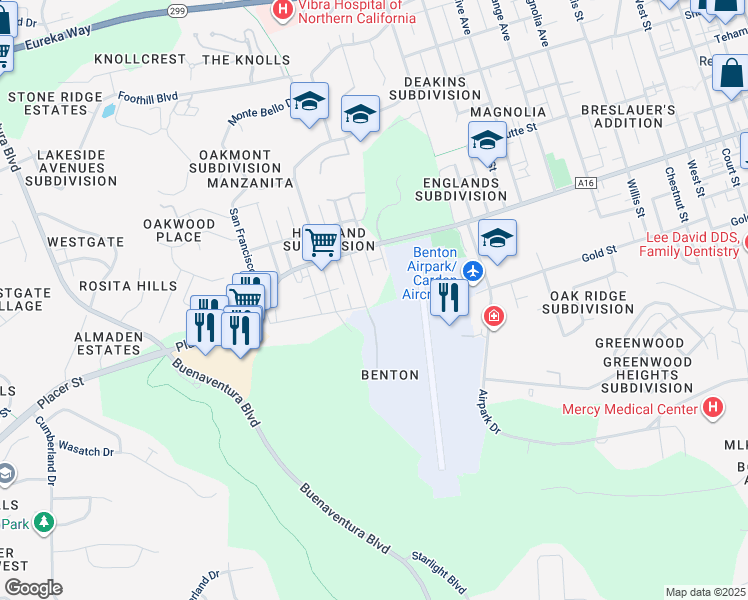 map of restaurants, bars, coffee shops, grocery stores, and more near 1762 Mesa Street in Redding