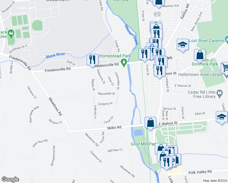 map of restaurants, bars, coffee shops, grocery stores, and more near 1881 Mansfield Street in Hellertown
