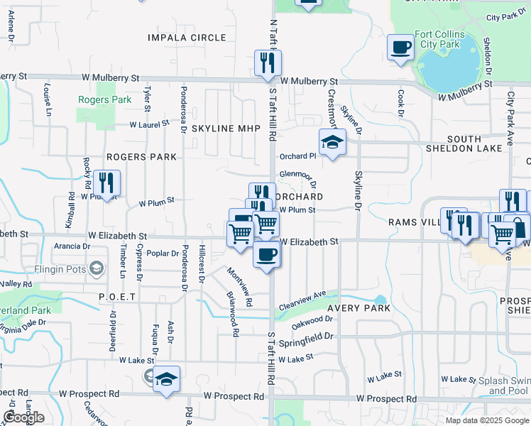 map of restaurants, bars, coffee shops, grocery stores, and more near 833 South Taft Hill Road in Fort Collins