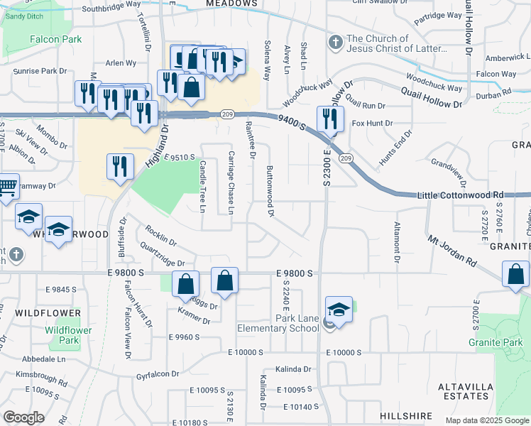 map of restaurants, bars, coffee shops, grocery stores, and more near 9650 Buttonwood Drive in Sandy