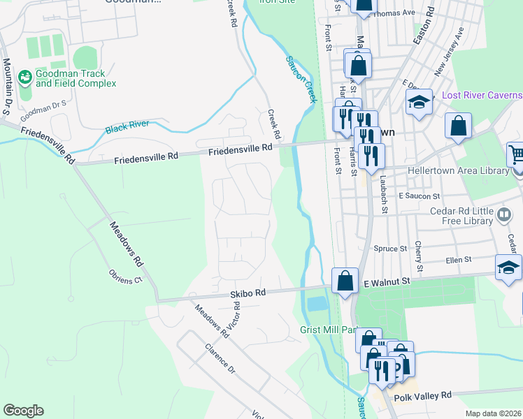 map of restaurants, bars, coffee shops, grocery stores, and more near 1923 Delancey Street in Hellertown