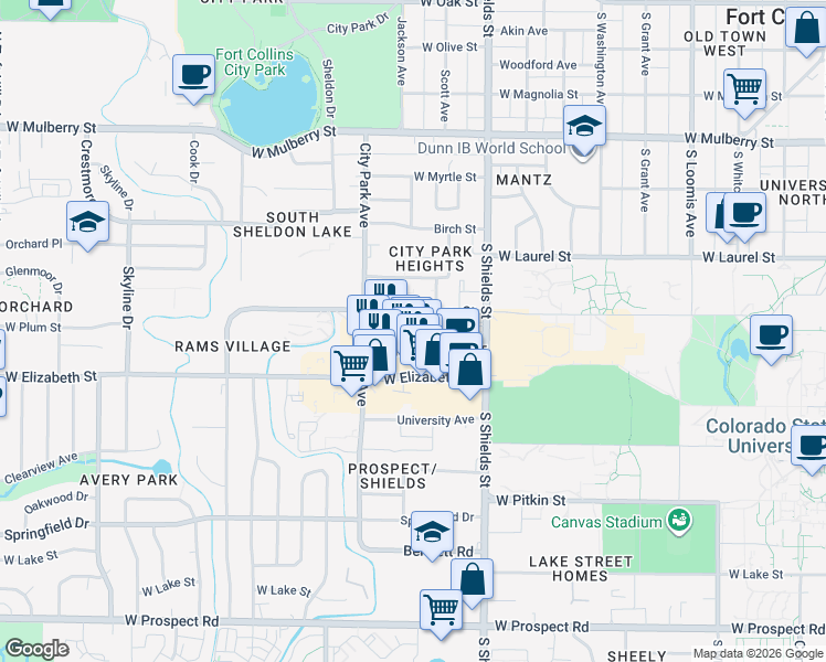 map of restaurants, bars, coffee shops, grocery stores, and more near 1209 West Plum Street in Fort Collins