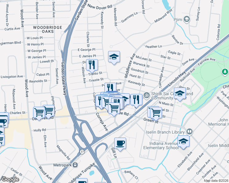 map of restaurants, bars, coffee shops, grocery stores, and more near 25 Fiat Avenue in Woodbridge Township