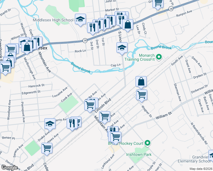 map of restaurants, bars, coffee shops, grocery stores, and more near 817 Drake Avenue in Middlesex
