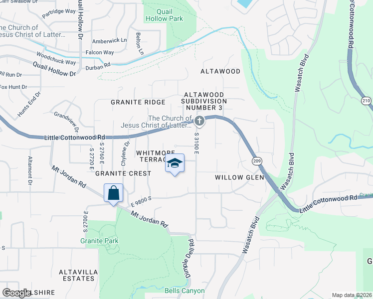 map of restaurants, bars, coffee shops, grocery stores, and more near 3064 East Granite Meadow Lane in Sandy
