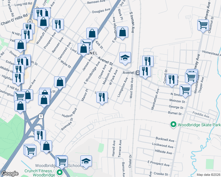 map of restaurants, bars, coffee shops, grocery stores, and more near 30 West Park Avenue in Woodbridge Township