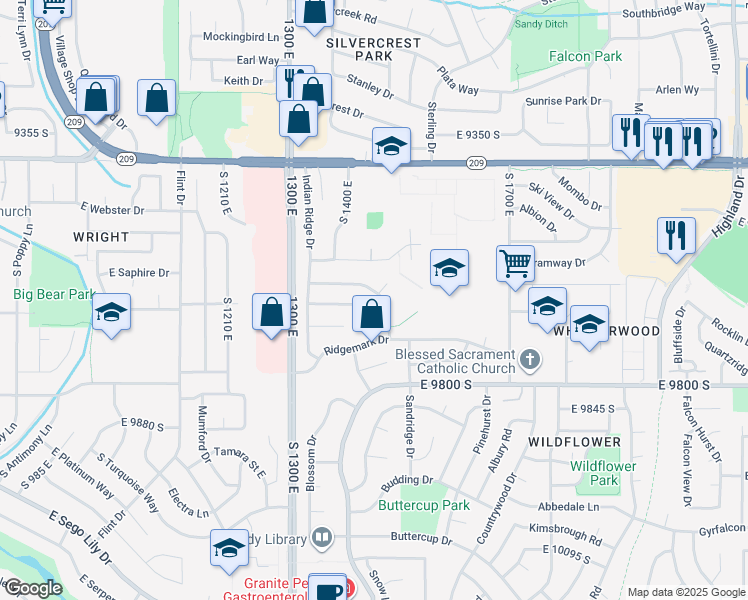 map of restaurants, bars, coffee shops, grocery stores, and more near 1475 Eastpoint Circle in Sandy