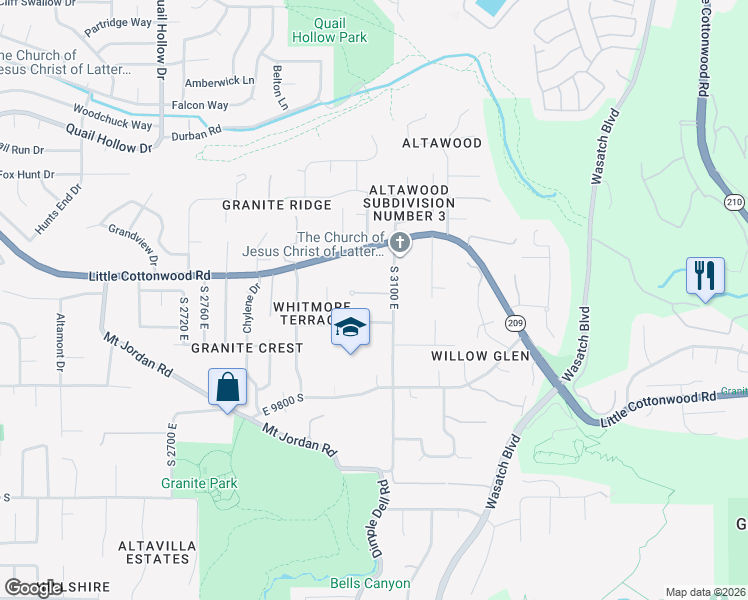 map of restaurants, bars, coffee shops, grocery stores, and more near 3064 East Granite Meadow Lane in Sandy