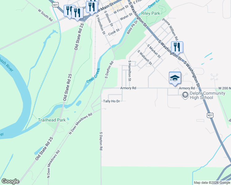 map of restaurants, bars, coffee shops, grocery stores, and more near County Road 200 North in Delphi