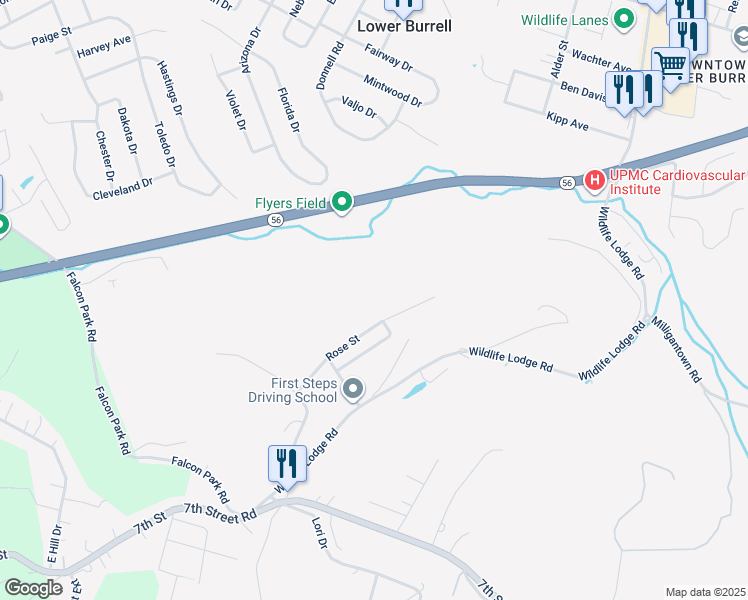 map of restaurants, bars, coffee shops, grocery stores, and more near 1760 Rose Street in New Kensington