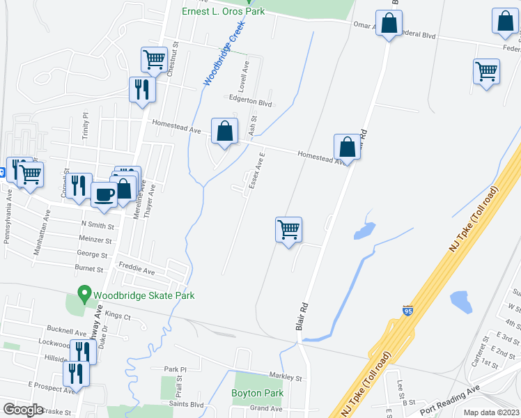 map of restaurants, bars, coffee shops, grocery stores, and more near 130 Essex Avenue East in Woodbridge Township