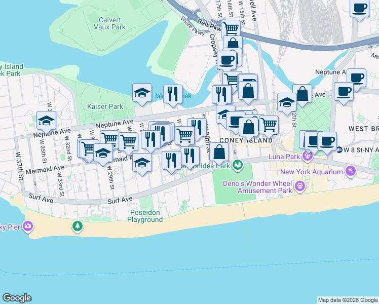 map of restaurants, bars, coffee shops, grocery stores, and more near 2873 West 22nd Street in Brooklyn