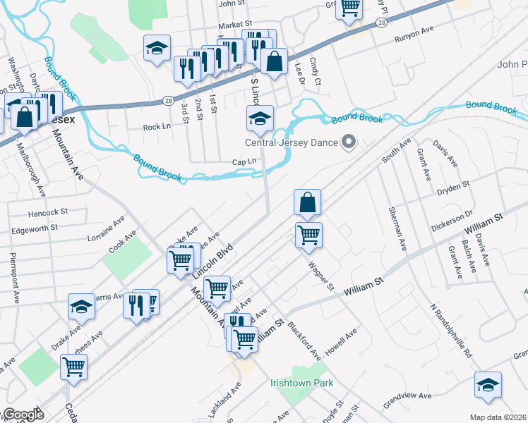 map of restaurants, bars, coffee shops, grocery stores, and more near 240 South Lincoln Avenue in Middlesex