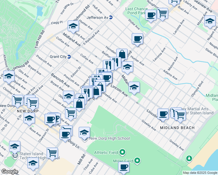 map of restaurants, bars, coffee shops, grocery stores, and more near 2212 Hylan Boulevard in Staten Island