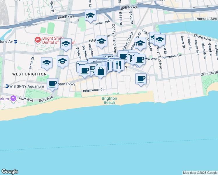 map of restaurants, bars, coffee shops, grocery stores, and more near 601 Brightwater Court in Brooklyn