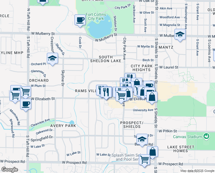 map of restaurants, bars, coffee shops, grocery stores, and more near 1601 West Plum Street in Fort Collins
