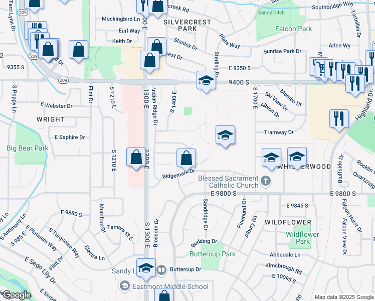 map of restaurants, bars, coffee shops, grocery stores, and more near 1475 Eastpoint Circle in Sandy