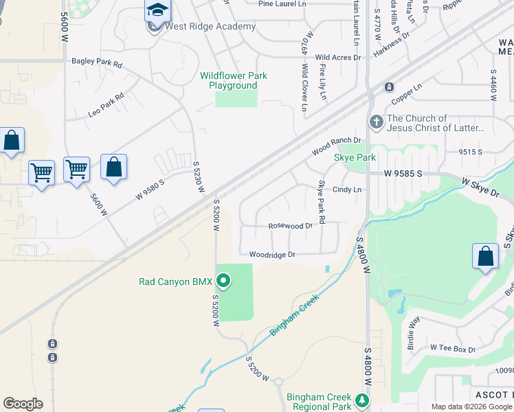 map of restaurants, bars, coffee shops, grocery stores, and more near 5102 Wood Ranch Drive in South Jordan