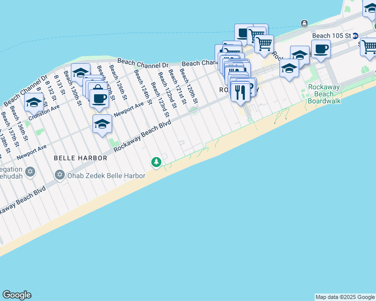 map of restaurants, bars, coffee shops, grocery stores, and more near 150 Beach 123rd Street in Queens