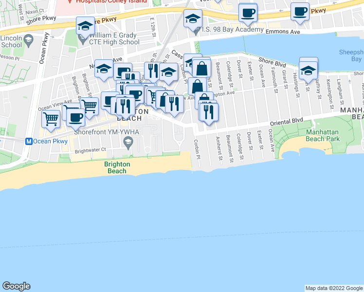 map of restaurants, bars, coffee shops, grocery stores, and more near 211 Brighton 15th Street in Brooklyn