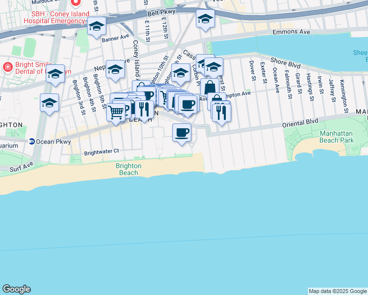 map of restaurants, bars, coffee shops, grocery stores, and more near 3131 Brighton 13th Street in Brooklyn