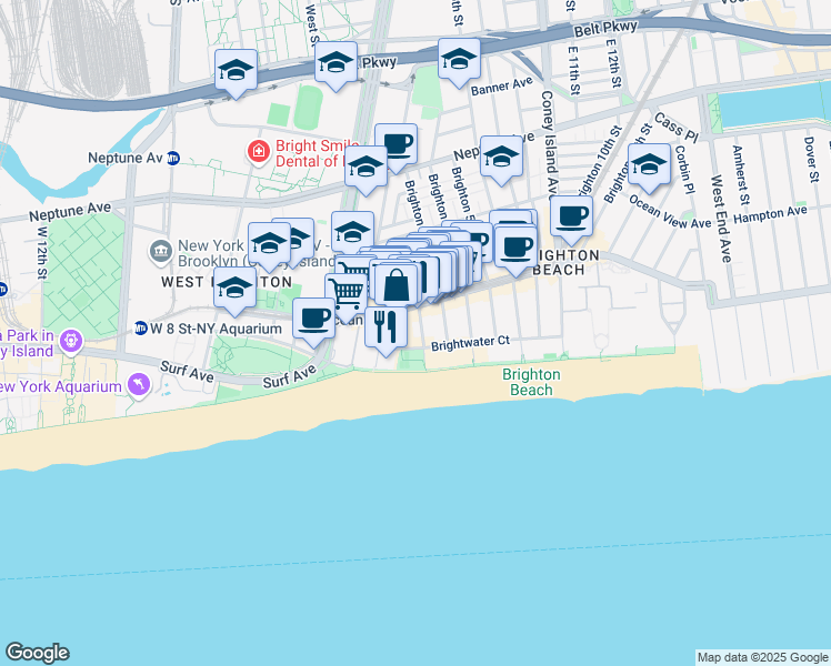 map of restaurants, bars, coffee shops, grocery stores, and more near 3089 Brighton 2nd Street in Brooklyn