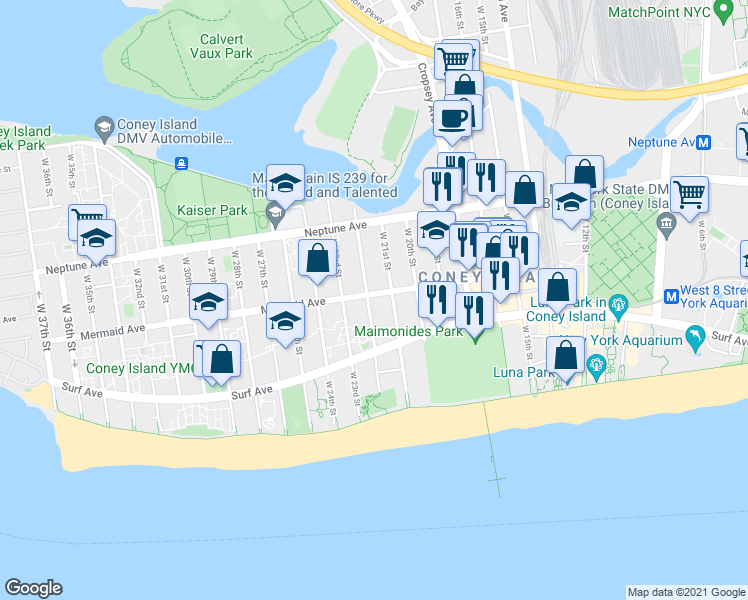 map of restaurants, bars, coffee shops, grocery stores, and more near 2873 West 22nd Street in Brooklyn
