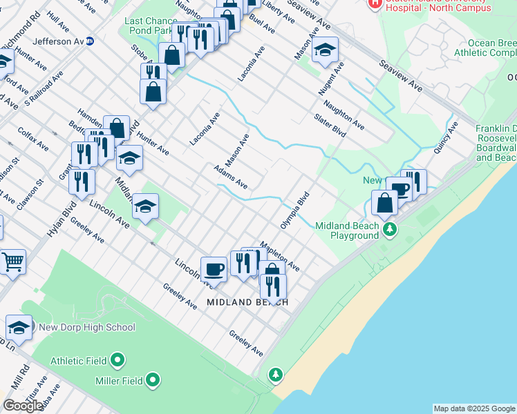 map of restaurants, bars, coffee shops, grocery stores, and more near 91 Grimsby Street in Staten Island