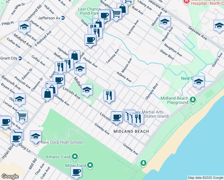 map of restaurants, bars, coffee shops, grocery stores, and more near 121 Moreland Street in Staten Island