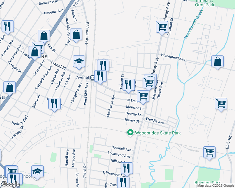 map of restaurants, bars, coffee shops, grocery stores, and more near 92 Avenel Street in Woodbridge Township