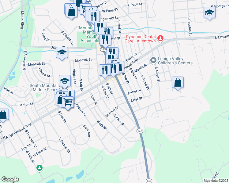 map of restaurants, bars, coffee shops, grocery stores, and more near 2309 South 5th Street in Allentown