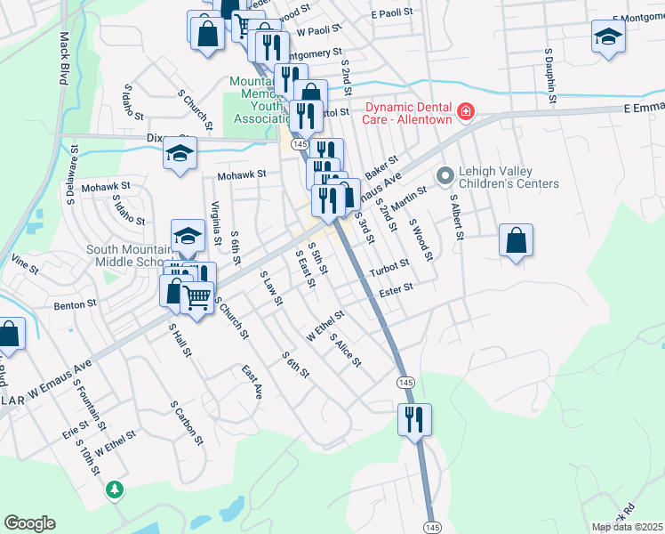 map of restaurants, bars, coffee shops, grocery stores, and more near 2309 South 5th Street in Allentown