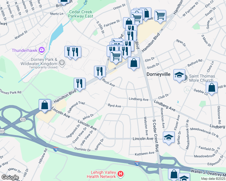 map of restaurants, bars, coffee shops, grocery stores, and more near 3481 Birch Avenue in Allentown