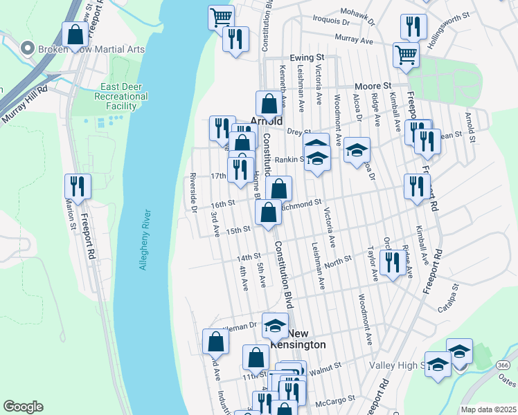 map of restaurants, bars, coffee shops, grocery stores, and more near 1534 Horne Boulevard in New Kensington