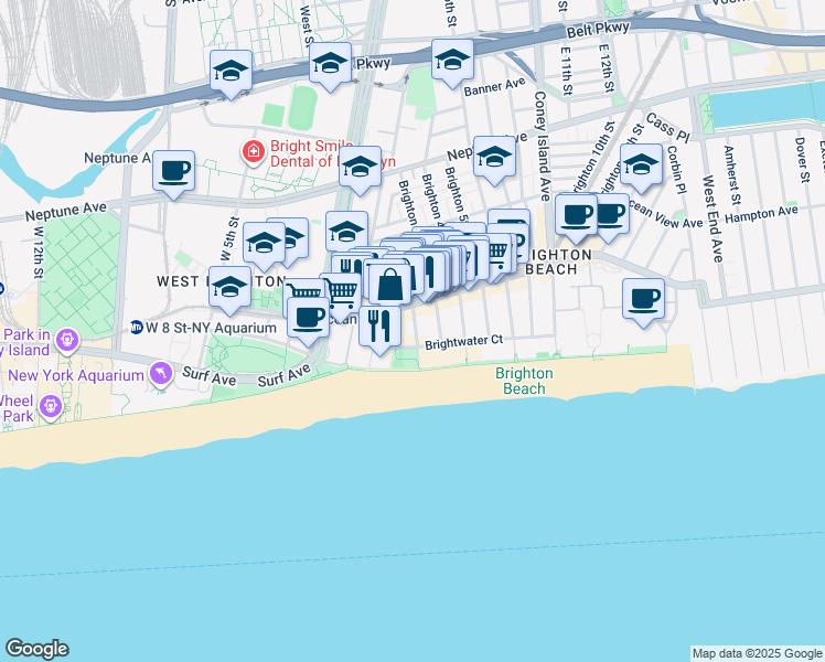 map of restaurants, bars, coffee shops, grocery stores, and more near 3100 Brighton 2nd Street in Brooklyn