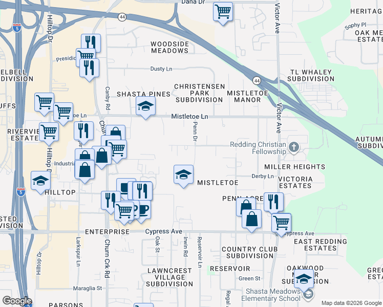 map of restaurants, bars, coffee shops, grocery stores, and more near 1367 Oakdale Lane in Redding