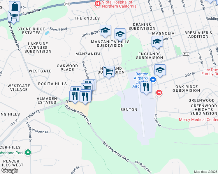 map of restaurants, bars, coffee shops, grocery stores, and more near 3031 Sacramento Street in Redding