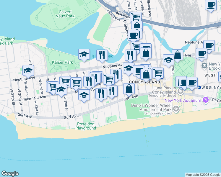 map of restaurants, bars, coffee shops, grocery stores, and more near 2873 West 22nd Street in Brooklyn