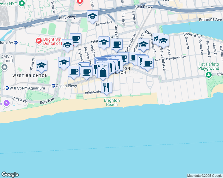 map of restaurants, bars, coffee shops, grocery stores, and more near 601 Brightwater Court in Brooklyn
