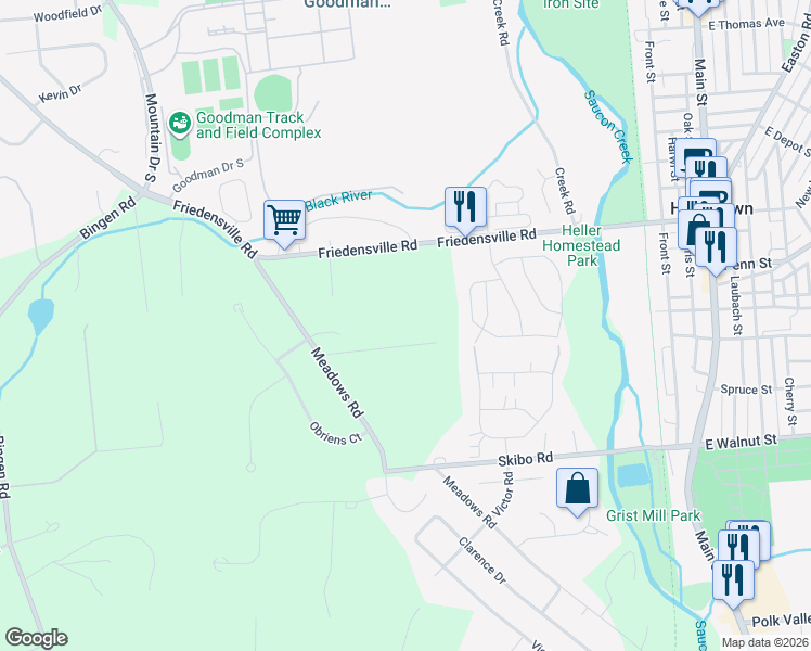 map of restaurants, bars, coffee shops, grocery stores, and more near 1931 Meadows Road in Bethlehem