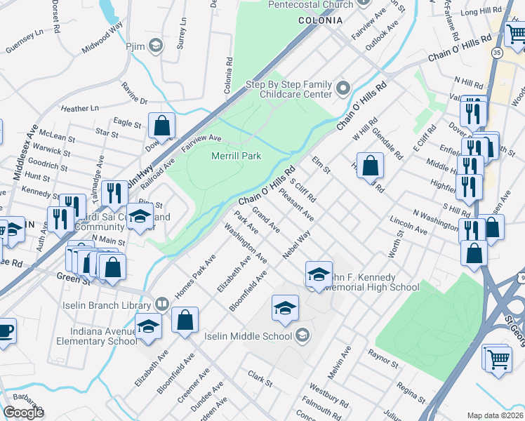 map of restaurants, bars, coffee shops, grocery stores, and more near 22 Grand Avenue in Woodbridge Township
