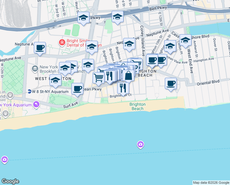 map of restaurants, bars, coffee shops, grocery stores, and more near 3110 Brighton 4th Street in Brooklyn