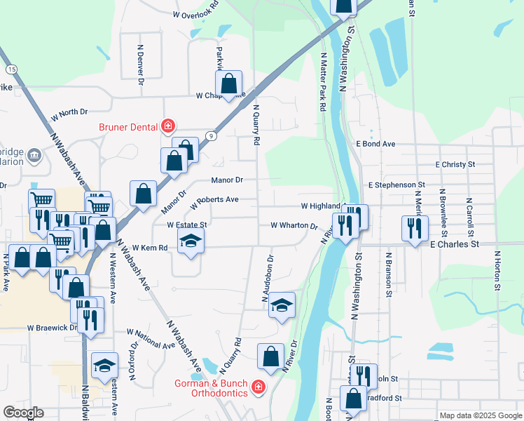 map of restaurants, bars, coffee shops, grocery stores, and more near 525 West Highland Avenue in Marion