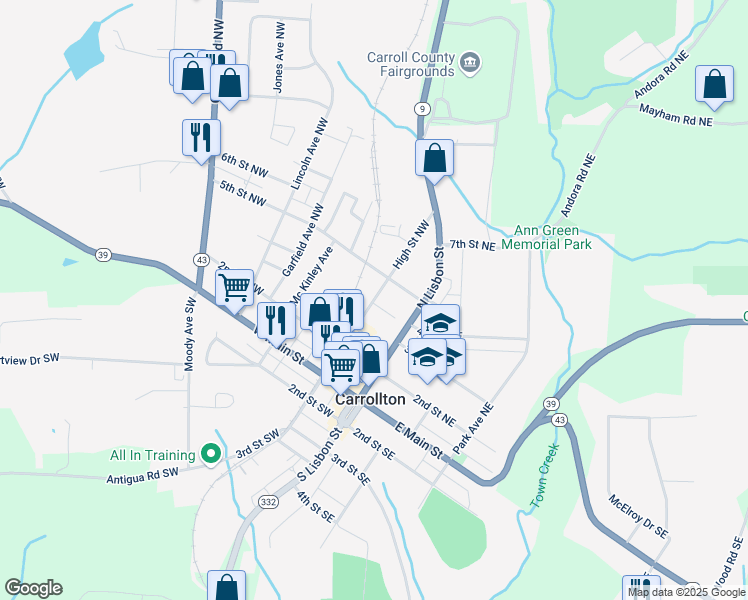 map of restaurants, bars, coffee shops, grocery stores, and more near 409 High Street Northwest in Carrollton