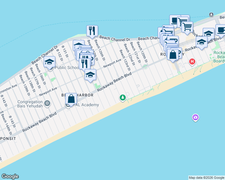 map of restaurants, bars, coffee shops, grocery stores, and more near 184 Beach 126th Street in Queens