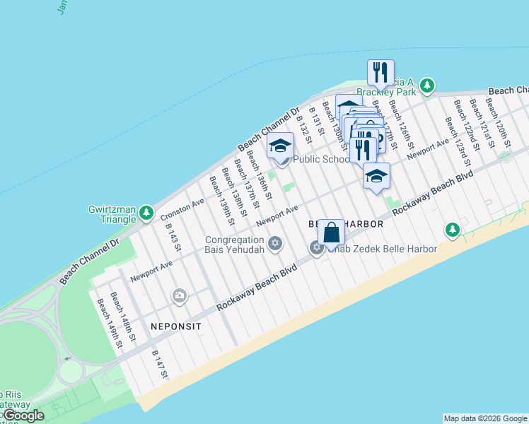 map of restaurants, bars, coffee shops, grocery stores, and more near 4-21 Beach 136th Street in Queens